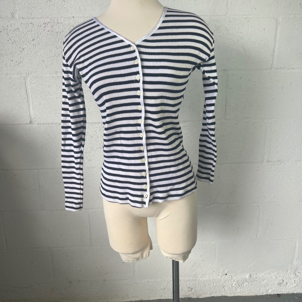Unbranded Womens Cardigan Ribbed Knit Striped Navy Blue White PTP 17